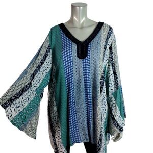 Zac & Rachel Top Plus Size 2X Bell Sleeve Lightweight V-Neck Pullover Blue